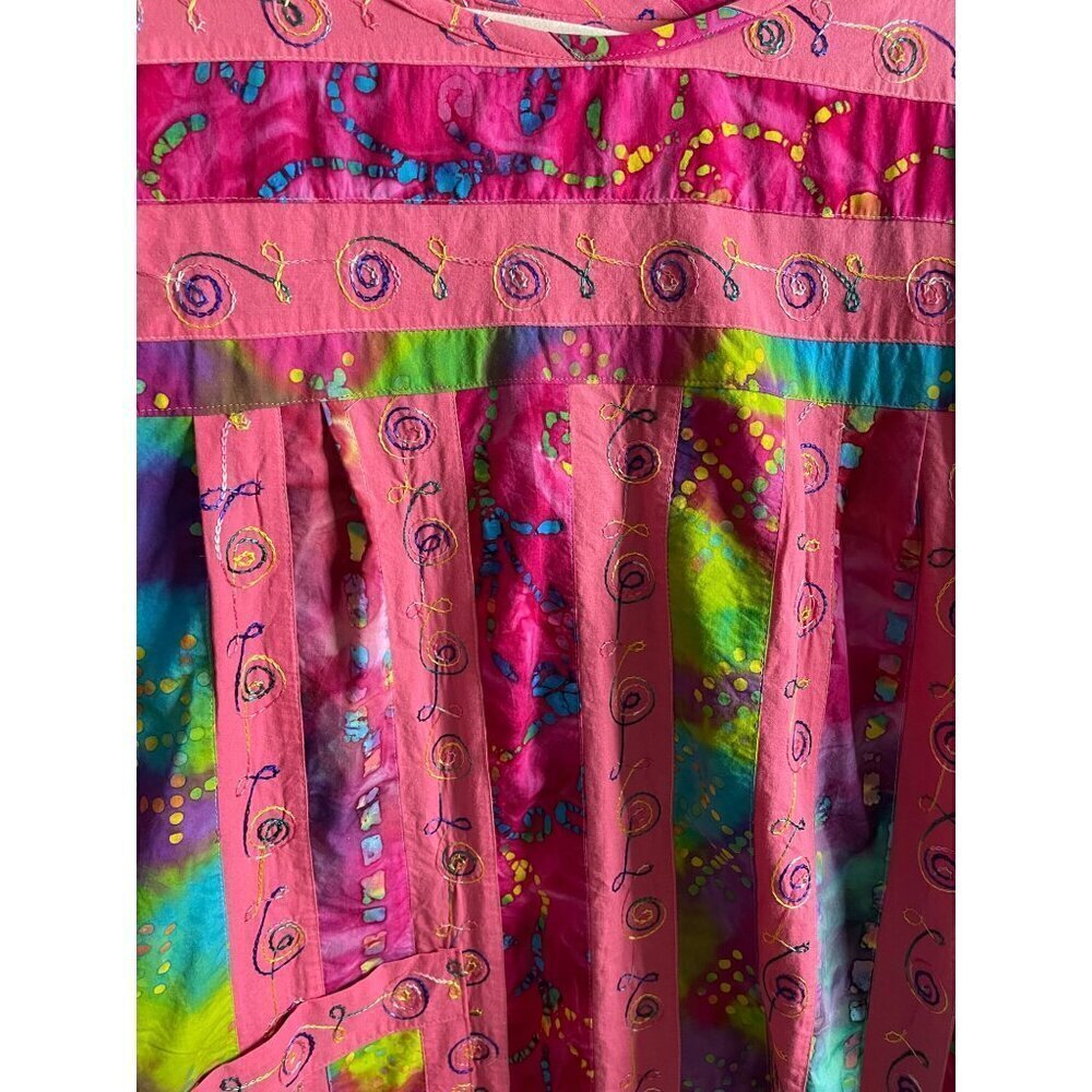 Vintage Womens Dress Size Large Pink Tie Dye Embroidered Patchwork Midi - Picture 8 of 10
